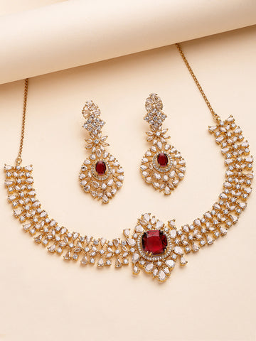 KARATCART Elegant Gold-Plated Red American Diamond Necklace Set for Women