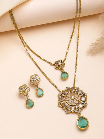 KARATCART Traditional Dual-Layered Lime Green American Diamond Pendant Jewellery Set for Women