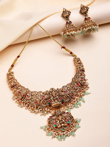 KARATCART Gold-Plated Traditional Lime Green Beads Lakshmi Mata Temple Jewellery Set for Women