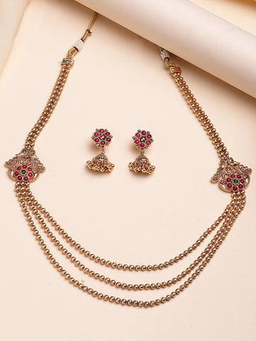 KARATCART Gold-Plated Traditional Triple-Layer Beaded Temple Jewellery Set for Women