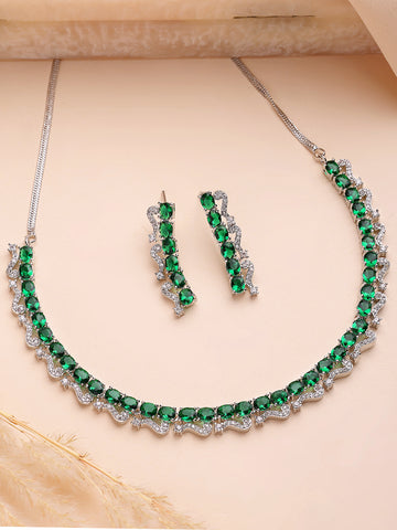 KARATCART Elegant Green American Diamond Silver-Plated Premium Jewellery Set for Women