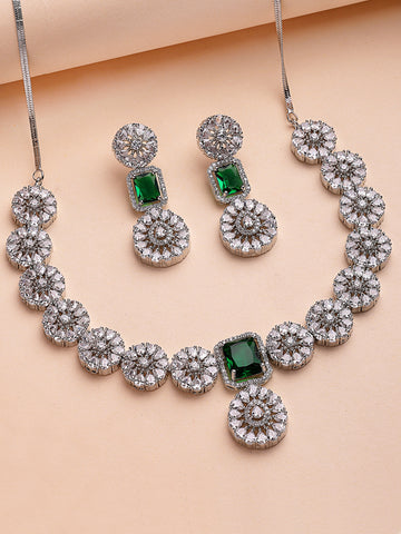 KARATCART Sparkling Green American Diamond Silver-Tone Jewellery Set for Women