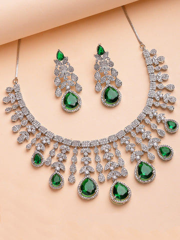 KARATCART Luxurious Teardrop Green American Diamond Silver-Plated Jewellery Set for Women