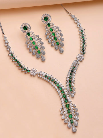 KARATCART Designer Green Leaf Design American Diamond Silver-Plated Jewellery Set for Women