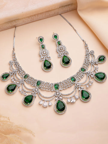 KARATCART Traditional Silver-Plated Green American Diamond Bridal Jewellery Set for Women