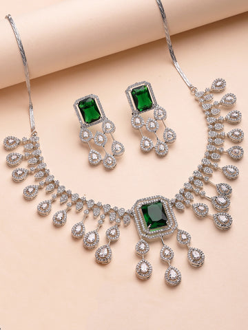 KARATCART Dazzling Green Square American Diamond Silver-Plated Jewellery Set for Women