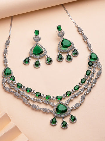 KARATCART Dazzling Multi-Layer Green American Diamond Silver-Plated Jewellery Set for Women