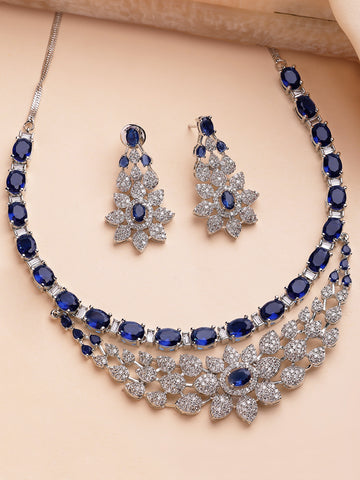 KARATCART Luxurious Blue American Diamond Silver-Plated Floral Jewellery Set for Women