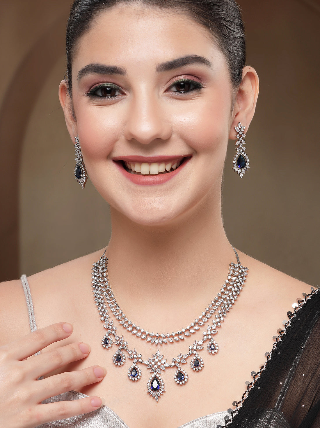 KARATCART Designer Silver-Plated Blue Teardrop American Diamond Jewellery Set for Women