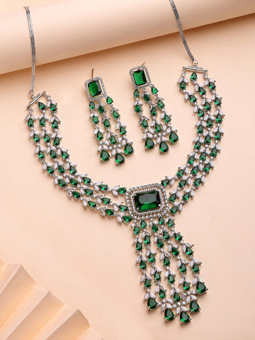 KARATCART Dazzling Green Multi-Layer American Diamond Silver-Plated Jewellery Set for Women
