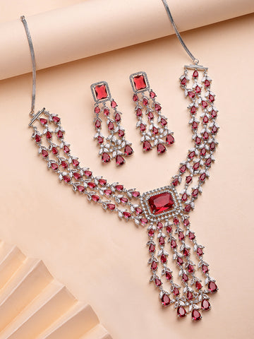 KARATCART Dazzling Red Multi-Layer American Diamond Silver-Plated Jewellery Set for Women
