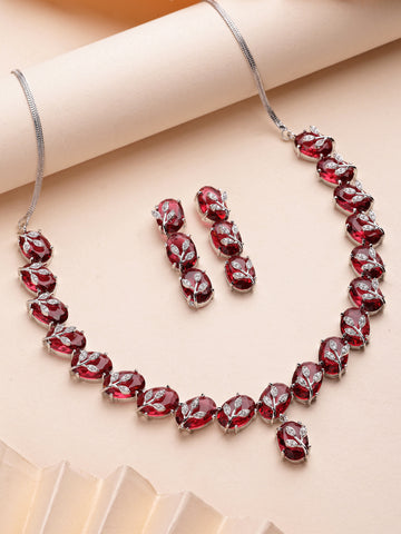 KARATCART Classic Oval Red Leaf Design American Diamond Silver-Plated Jewellery Set for Women