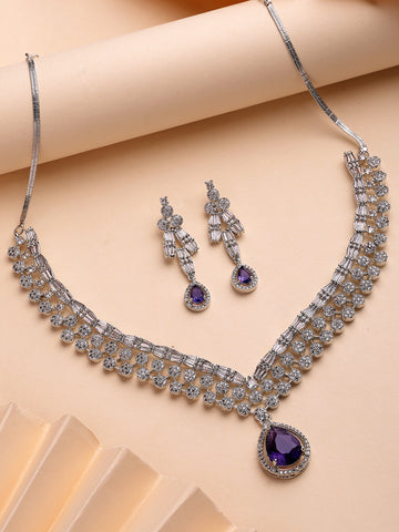KARATCART Elegant Blue American Diamond Silver-Plated Premium Jewellery Set for Women