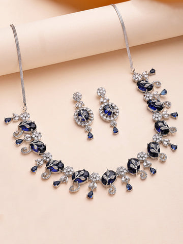 KARATCART Classic Oval Blue Leaf Design American Diamond Silver-Plated Jewellery Set for Women