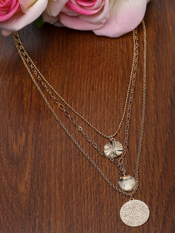 Bohey by KARATCART Gold Plated Sea Shell and Textured Disk Multicharm Multilayered Chain Necklace for Women