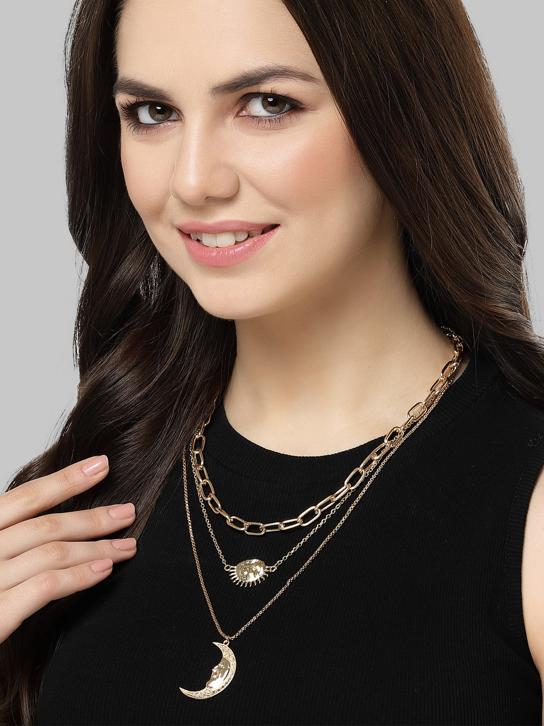 Bohey by KARATCART Gold Plated Half Sun and Moon Multicharm Multilayered Chain Necklace for Women