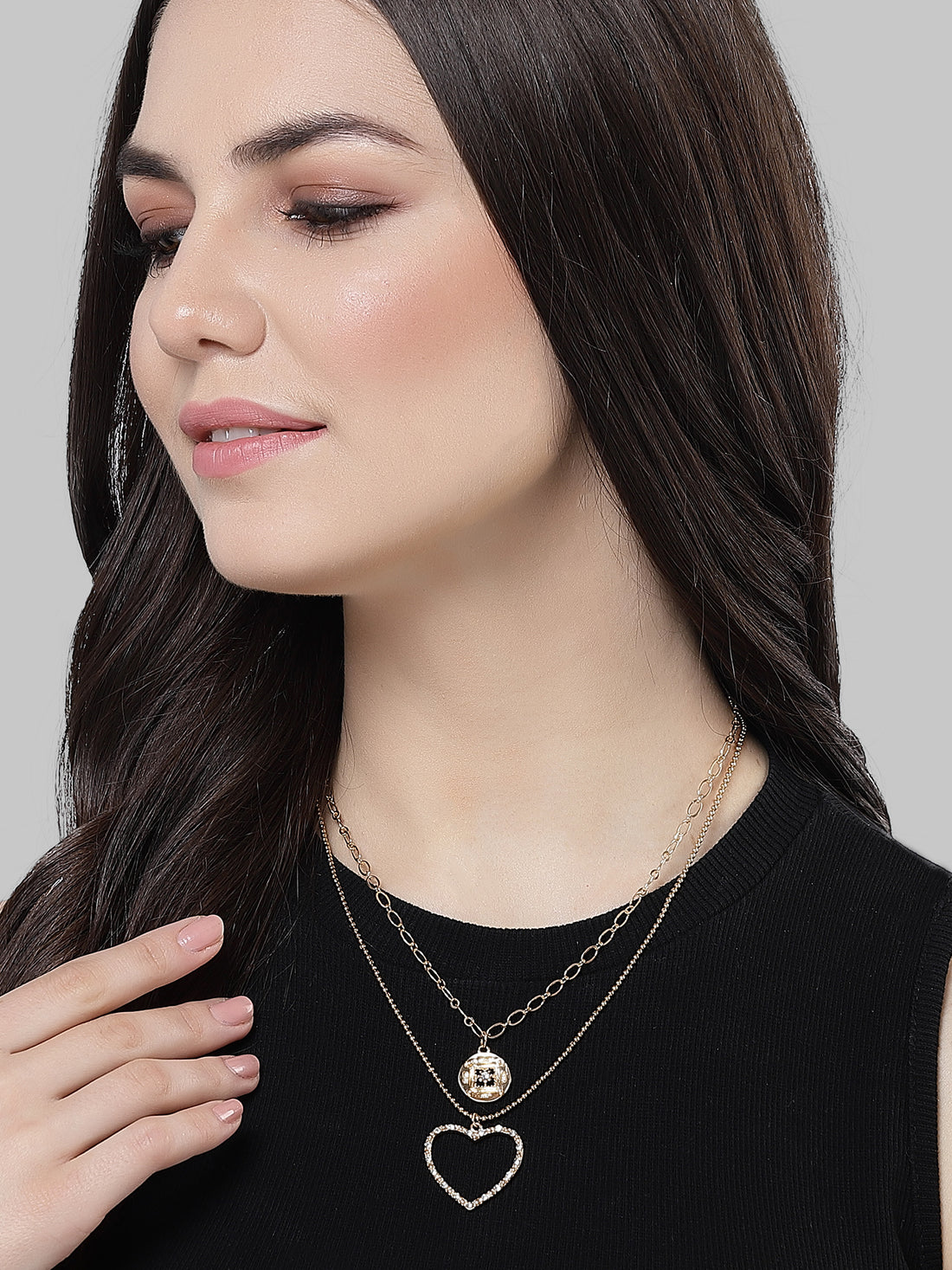 Bohey by KARATCART Gold Plated Heart Shape Multicharm Multilayered Chain Necklace for Women