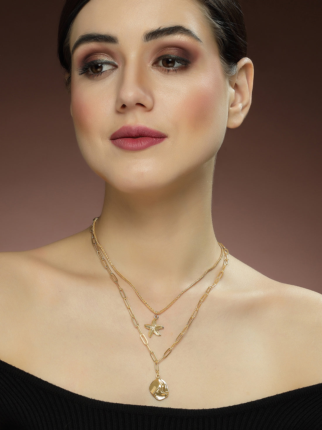 Bohey by KARATCART Gold Plated Star Fish Multicharm Multilayered Chain Necklace for Women
