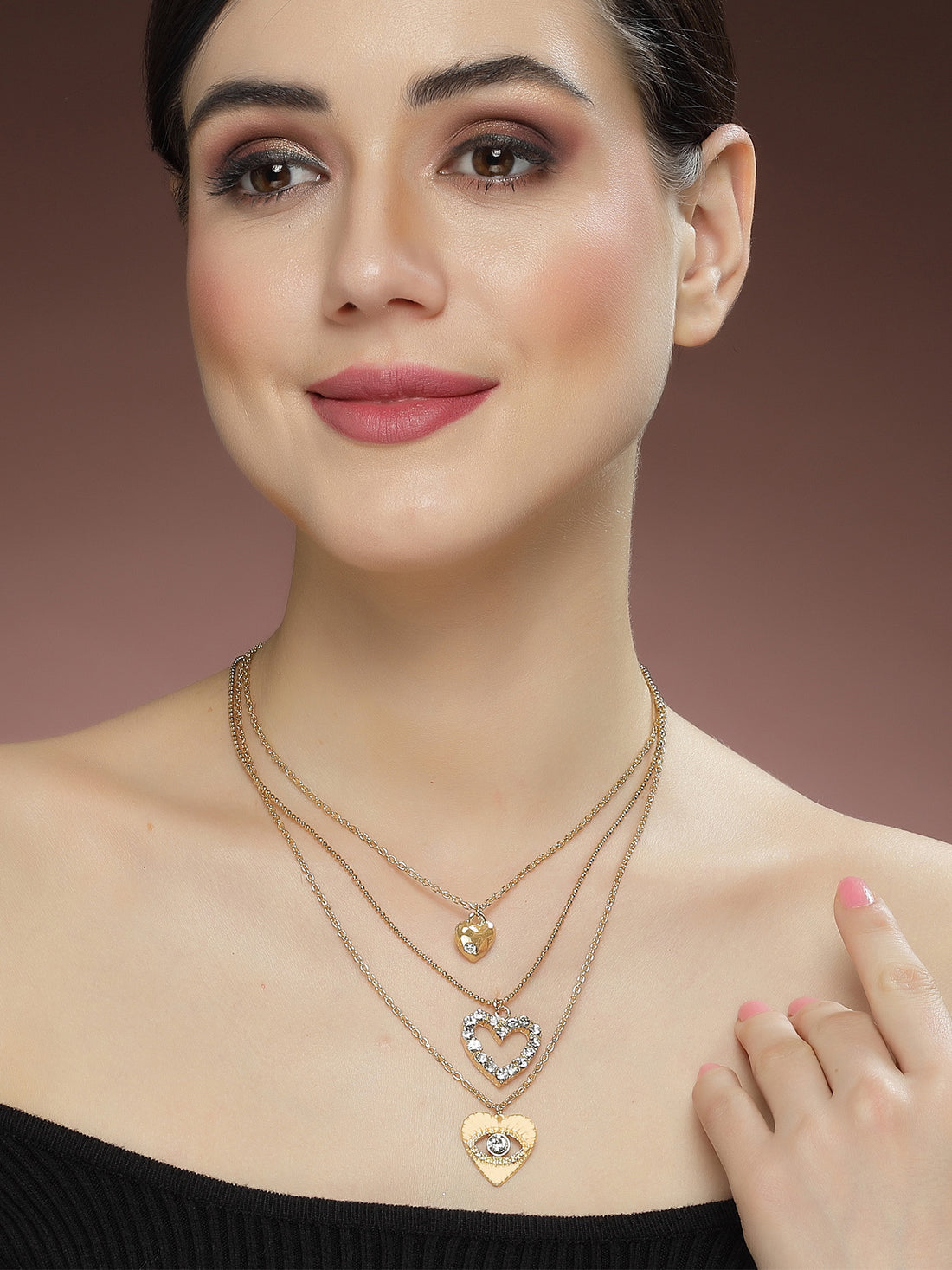 Bohey by KARATCART Gold Plated Crystal Heart Shape Multicharm Multilayered Chain Necklace for Women