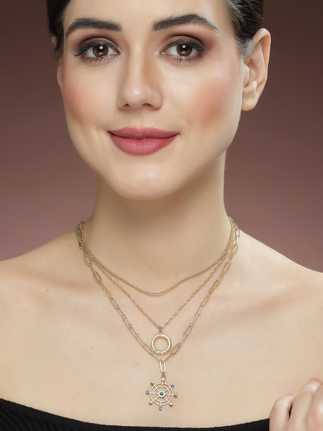 Bohey by KARATCART Gold Plated Blue Ship Handle Multicharm Multilayered Chain Necklace for Women