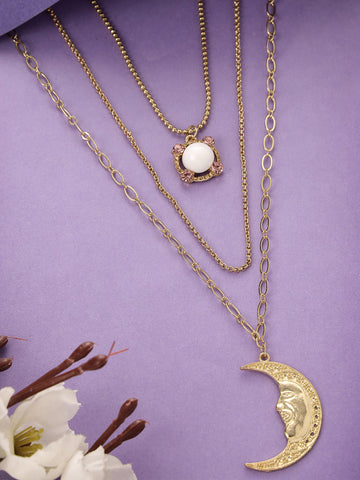 Bohey by KARATCART Gold Plated Half-Moon Multicharm Multilayered Chain Necklace for Women