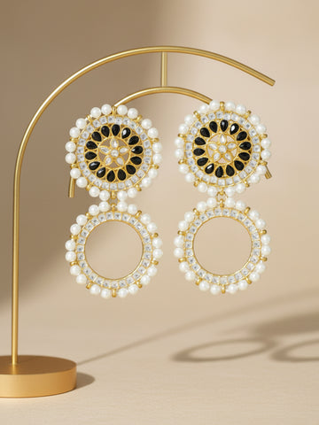 Black Stone Studded Kundan Hoop Earring with White Pearls Detailing