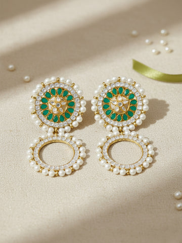 Green Kundan Hoop Earring with White Pearl Detailing