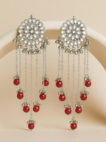 Oxidised Silver Kundan Tassel Earrings with Red Beads