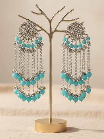 Oxidised Silver Light Blue Beads and Kundan Tassel Earrings
