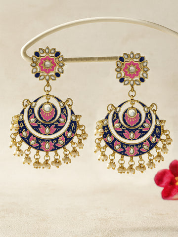 Traditional Pink Meena Kundan Studded Chandbali Earrings