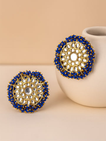 Traditional Blue Crystal Studded Gold Plated Kundan Stud Earrings