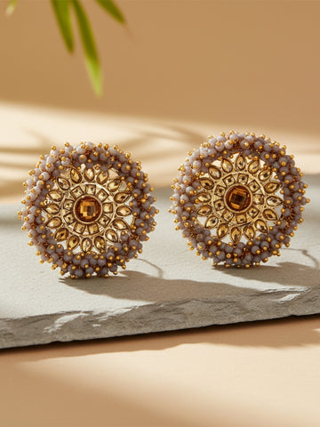 Traditional Grey Crystal Studded Gold Plated Kundan Stud Earrings
