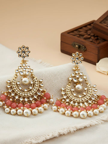 Traditional Gold Plated Peach Beads Studded Kundan Chandbali Earrings