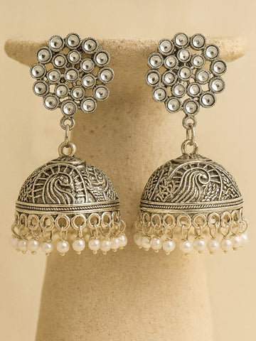 Silver-Toned Floral Jhumkas Earrings