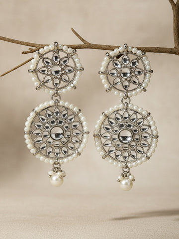 Oxidised Silver White Kundan Dangler Earrings for Women