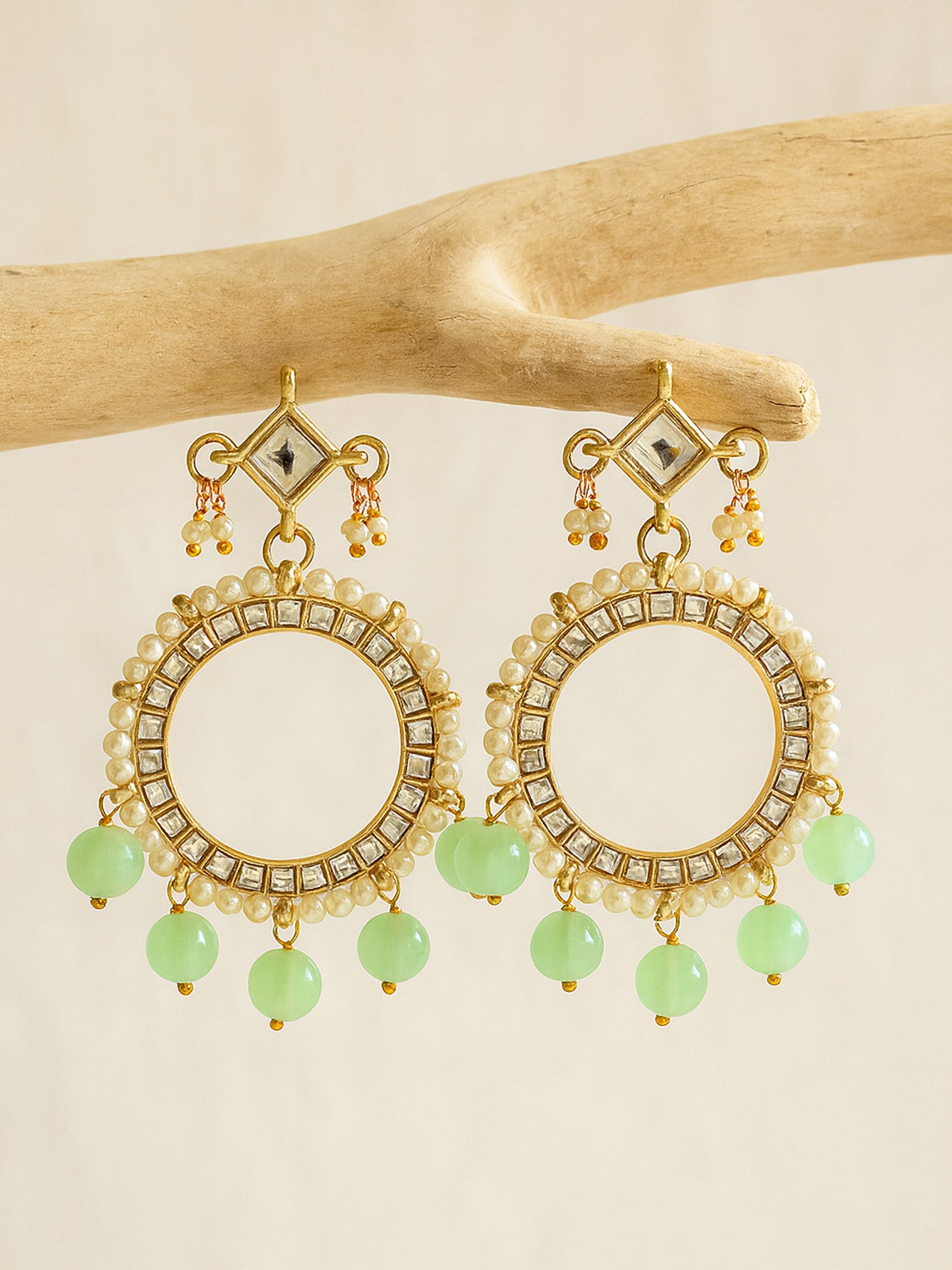 Karatcart Gold Plated Light Green Beads Kundan Hoop Earrings for Women