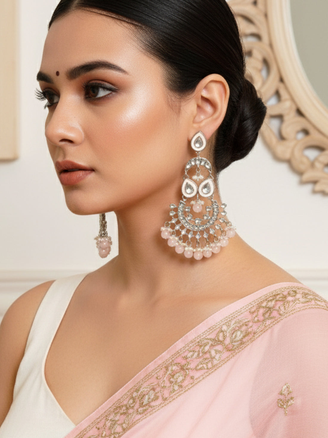 Karatcart Oxidised Silver Pink Beads Kundan Dangler Earrings for Women