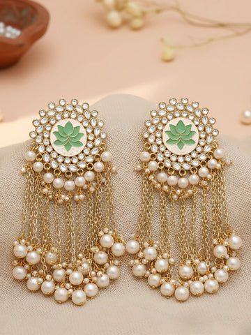 Karatcart Gold Plated Light Green Meena Pearl Beads Kundan Tassel Earrings for Women