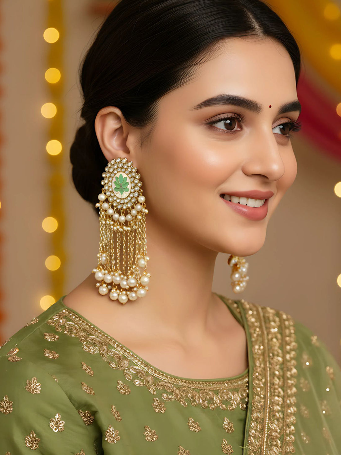 Karatcart Gold Plated Light Green Meena Pearl Beads Kundan Tassel Earrings for Women