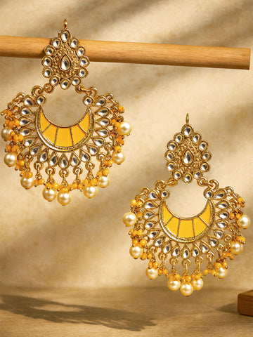 Karatcart Gold Plated Yellow Meena Kundan Chandbali Earrings for Women