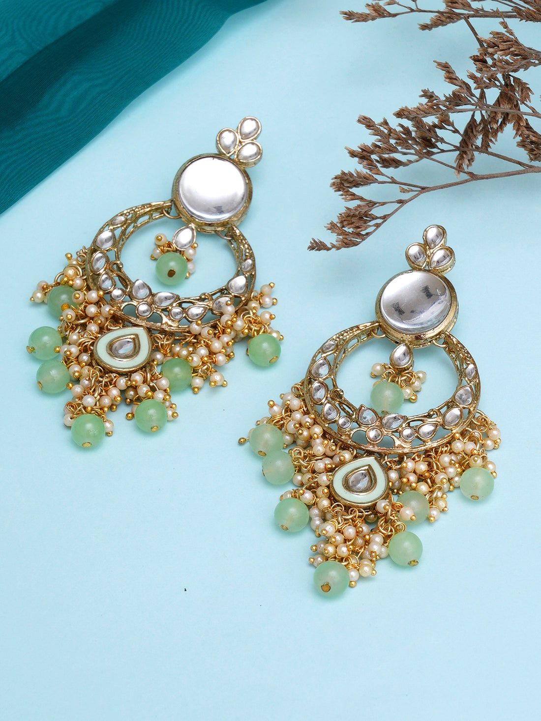 Karatcart Gold Plated Light Green Beads Kundan Dangler Earrings for Women