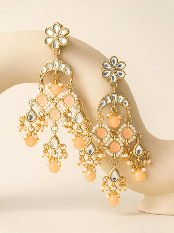 Karatcart Gold Plated Peach Meena Kundan Dangler Earrings for Women