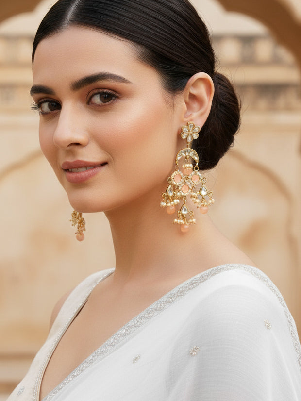 Karatcart Gold Plated Peach Meena Kundan Dangler Earrings for Women