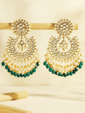 Karatcart Gold Plated Green Tumble and Pearl Studded Kundan Dangler Earrings for Women