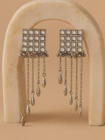 Karatcart Oxidised Silver Square Shape Kundan Tassel Earrings for Women