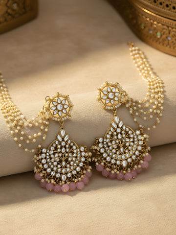 Karatcart Gold Plated Pink Beads Kundan Kaanchain Earrings for Women