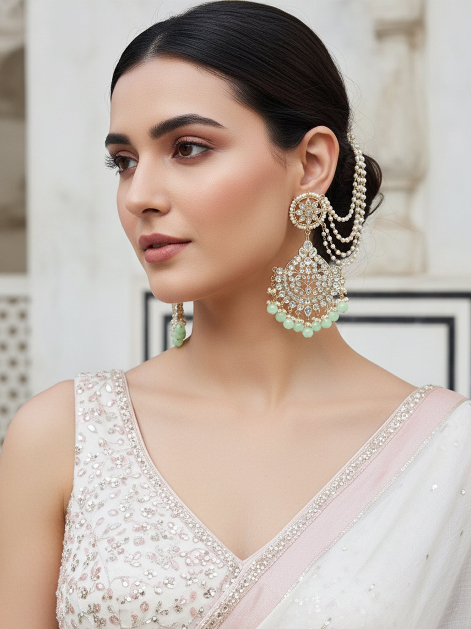 Gold Plated Kundan Kaanchain Light Green Earrings for Women