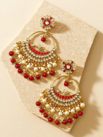 Karatcart Gold Plated Red Beads and Pearl Kundan Chandbali Earrings for Women