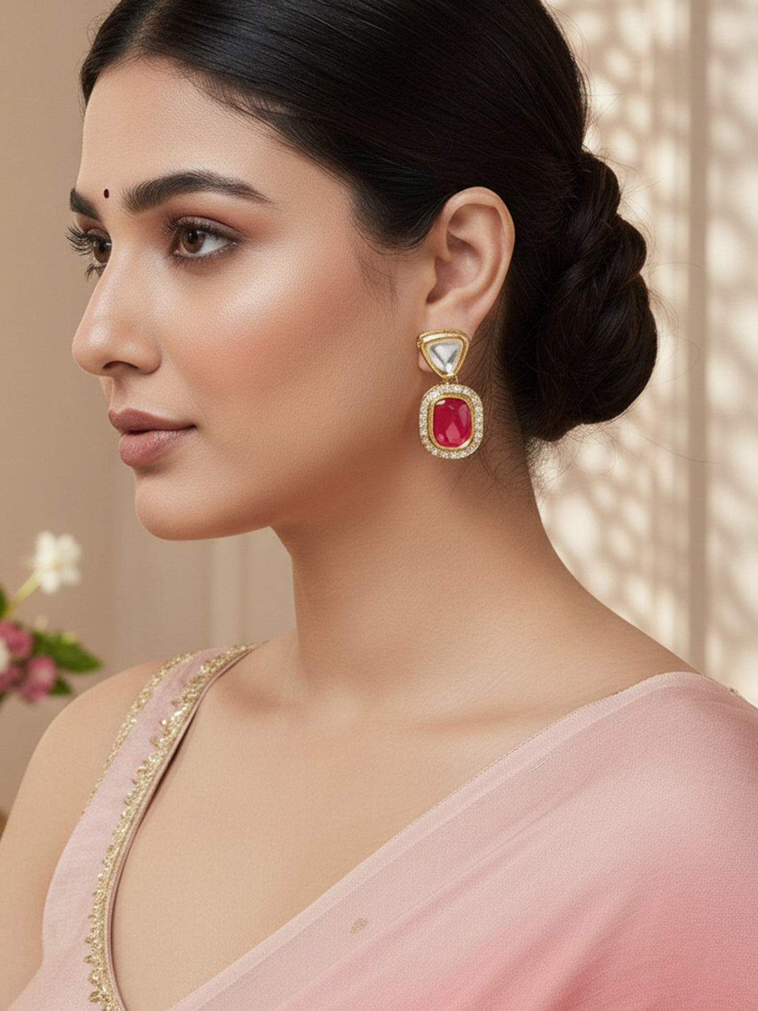 Karatcart Red and Gold Set of 2 Polki Kundan Drop Earrings for Women