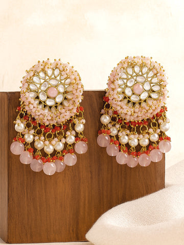Karatcart Gold-Plated Pink and Red Crystal Studded Kundan Drop Earrings for Women